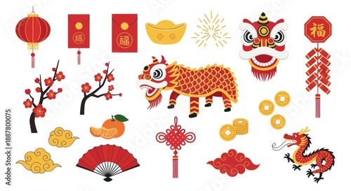 Chinese New Year Icons: Dragon, Lion Dance, Lanterns, Red Envelopes, Firecrackers, Gold