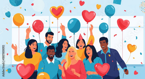 Diverse group celebrating with heart balloons and confetti