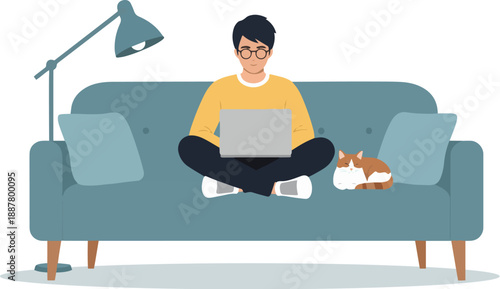 Freelancer working on laptop on sofa with cat beside  flat solid color.