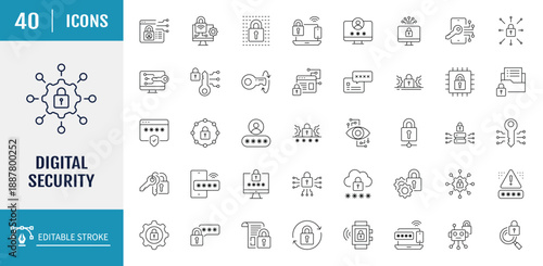 Digital Security Icon set. Includes data
protection, secure, security, antivirus, password,
accessibility, phishing, cyber crime, online
privacy and more. Vector Illusttration with
editable strokes