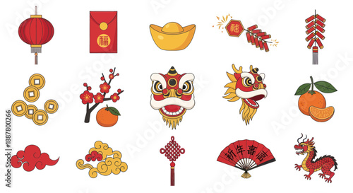 Chinese New Year Icons: Dragon, Lantern, Lucky Money, Firecrackers, Orange