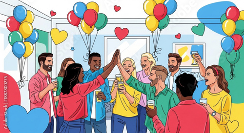 Diverse group celebrating with drinks and balloons in a room