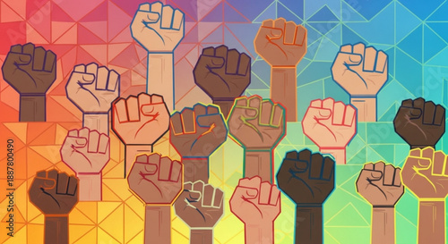 Diverse hands raised in solidarity with rainbow background