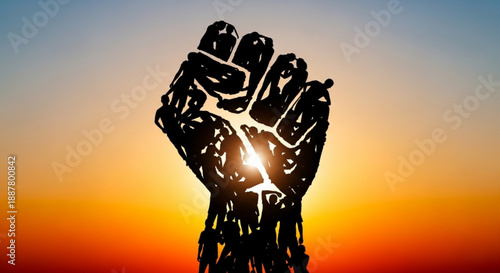 Robot fist raised high against vibrant sunset background