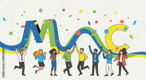 Diverse group celebrating with colorful confetti and letters