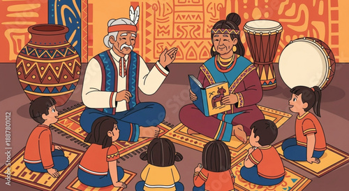 Elderly native american couple teaching children traditional stories