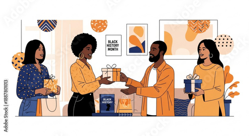 Diverse people exchanging gifts in a cozy home setting with warm