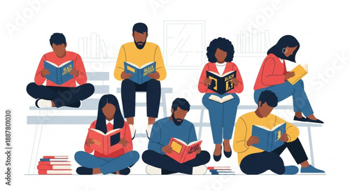 Diverse group of people reading books together in casual setting