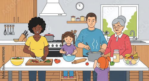 Diverse family cooking together in modern kitchen with children