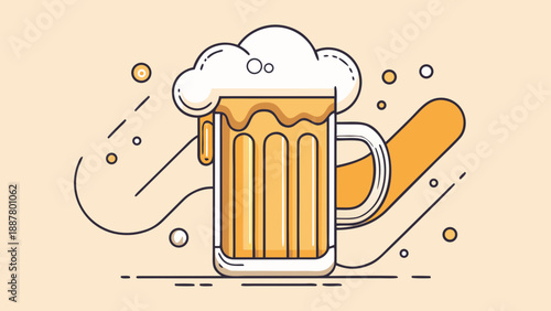 Very beautiful continuous single line illustration of a beer mug with foam and bubbles, minimalist style with smooth flow, perfect for bar menus, brewery branding, posters, and modern beverage graphic