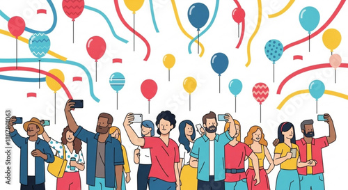 Diverse group taking selfies with colorful balloons and streamers