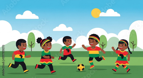 Children playing soccer on green field with colorful uniforms