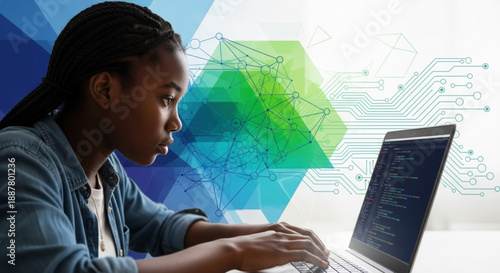 Young woman coding on laptop with circuit background