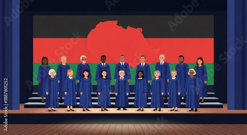 Diverse group wearing blue robes stand before flag background
