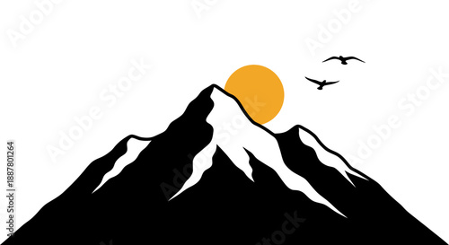 Mountain range with sun and birds.