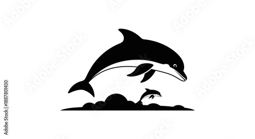 Black silhouette of jumping dolphin.