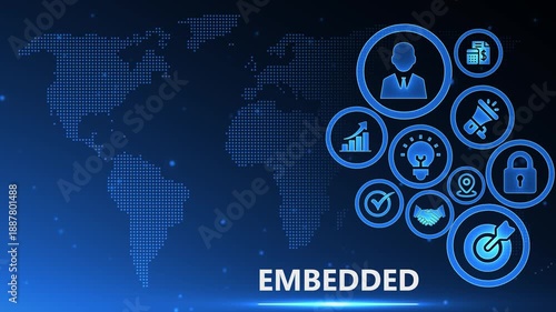 Embedded systems technology digital face with futuristic icons hologram blue neon lighting cybersecurity AI innovation