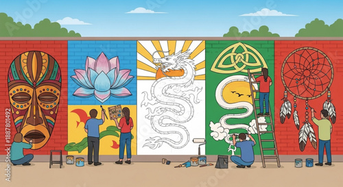 People painting vibrant murals on a colorful wall outdoors