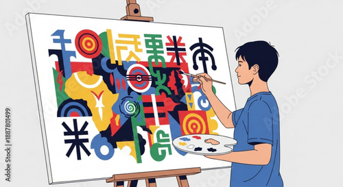 Man painting abstract art with colorful symbols on canvas