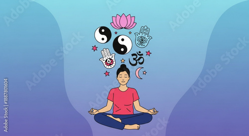 Woman meditates with yoga symbols floating overhead in serene