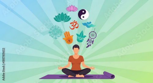 Woman meditating on yoga mat surrounded by spiritual symbols