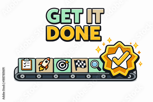 Get it done concept with conveyor belt processing tasks to achieve success