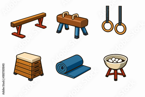 Gymnastics equipment set displaying balance beam, pommel horse, rings, vault, mat, chalk