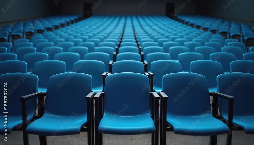 Fototapeta premium Rows of blue plastic chairs fill a large auditorium. The empty seats create a repeating pattern stretching into the distance. This venue awaits a presentation or gathering. Light falls on the chairs.