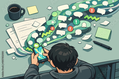 Young man inundated with digital messages and alerts from his phone at a desk