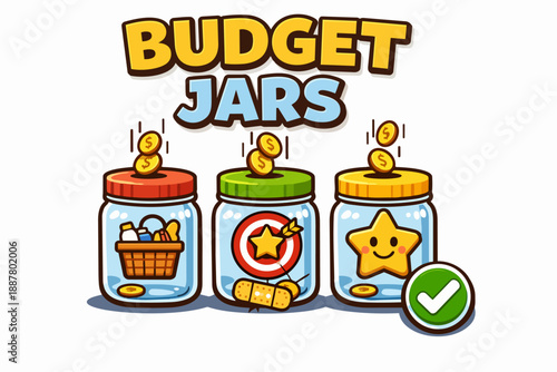 Budget jars helping manage personal finance and savings goals with spending categories