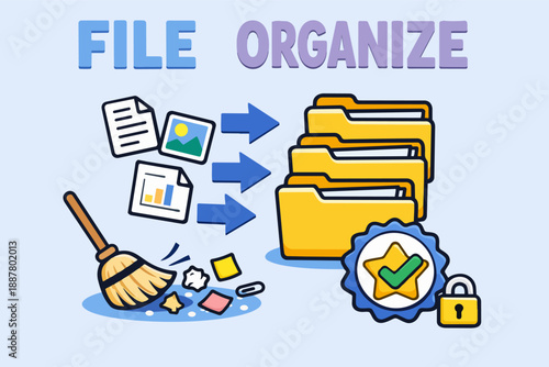 File organize concept with documents sweeping into categorized folders, security, verification