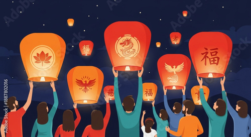 People releasing colorful lanterns into starry night sky