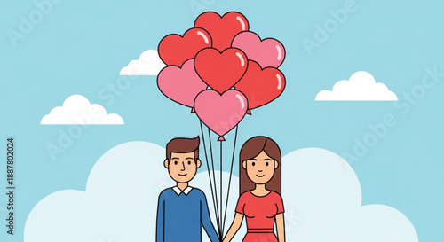 Couple holding heart balloons romantic love sky clouds