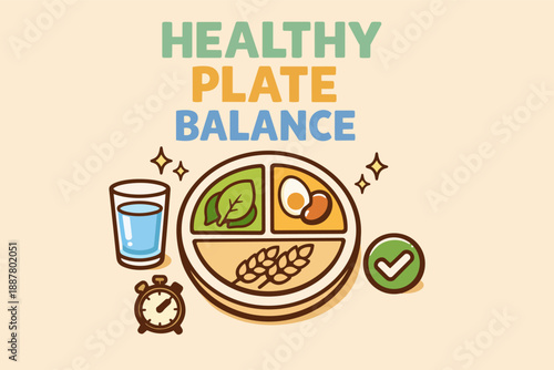 Healthy plate balance illustration showing a balanced diet and proper nutrition concept