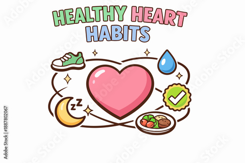 Healthy heart habits concept showing exercise, hydration, nutrition, and sleep for wellness