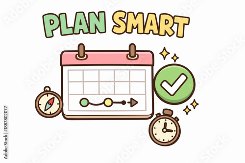 Plan smart concept illustration with calendar, compass, and stopwatch for time management