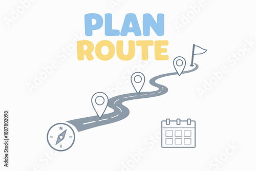 Plan route text with road map, navigation waypoints, compass, and calendar icon