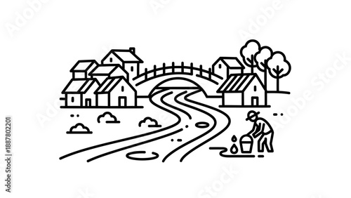 Man Riding Horse Through Village Scene.
