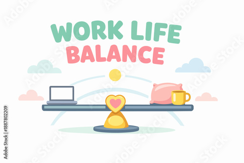 Work life balance concept showing laptop, pillow and mug on a weighing scale