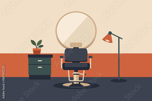 Empty barbershop interior with chair, mirror, and lamp creating a retro atmosphere