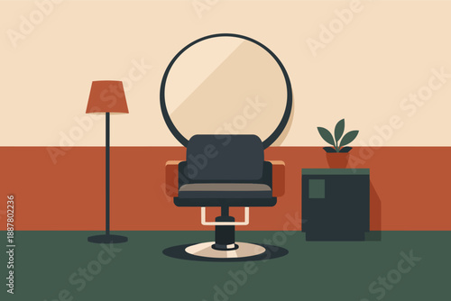 Barbershop interior design with chair, mirror, and plant, symbolizing grooming and beauty