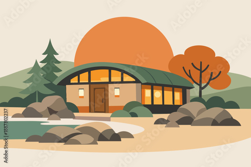 Modern cabin by a serene lake at sunset, offering tranquility in nature landscape