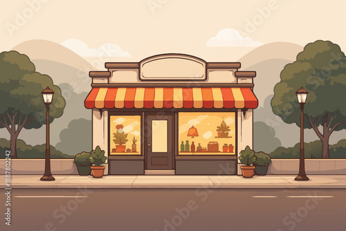 Quaint street shop with awning on urban sidewalk, small business facade