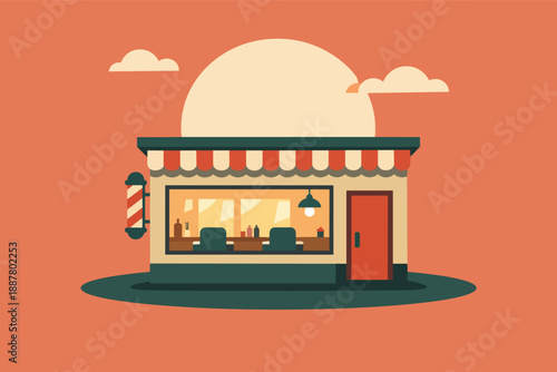 Barbershop storefront with barber pole and sun, retro flat illustration
