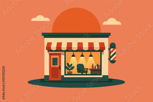 Barbershop storefront illustration with barber pole and sunset light