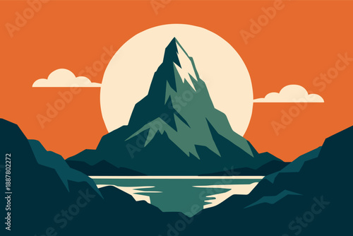 Mountain peak in alpine landscape with lake, sun setting or rising, outdoor adventure