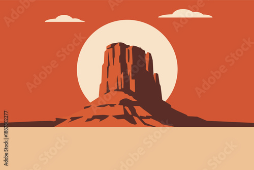 Monument valley butte at dusk, red desert landscape and minimalist sunset view