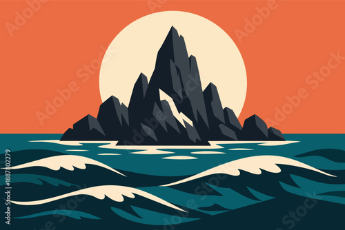 Island mountain peak silhouetted by setting sun over ocean waves at twilight