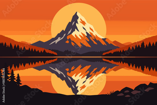 Mountain lake landscape reflecting alpine peaks at sunset with pine trees