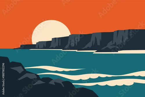 Seascape illustration depicting ocean waves crashing on a rugged coastline at sunset